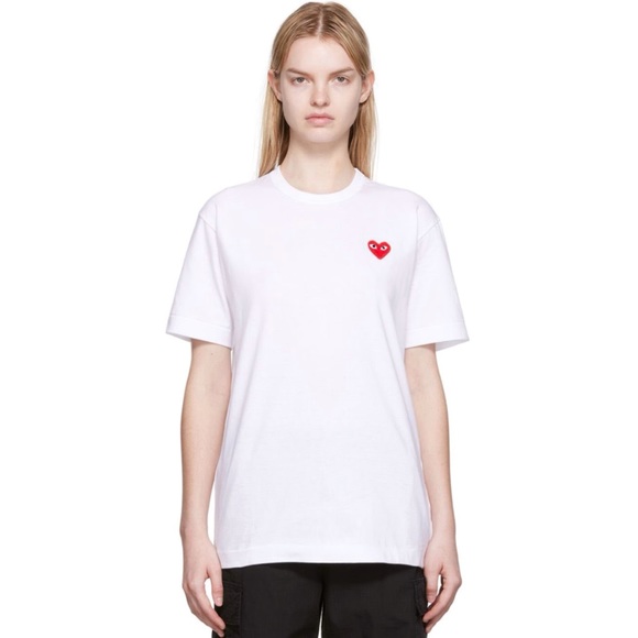 PLAY COMME DES GARÇONS red heart patch white cotton t-shirt tee shirt - Picture 3 of 10